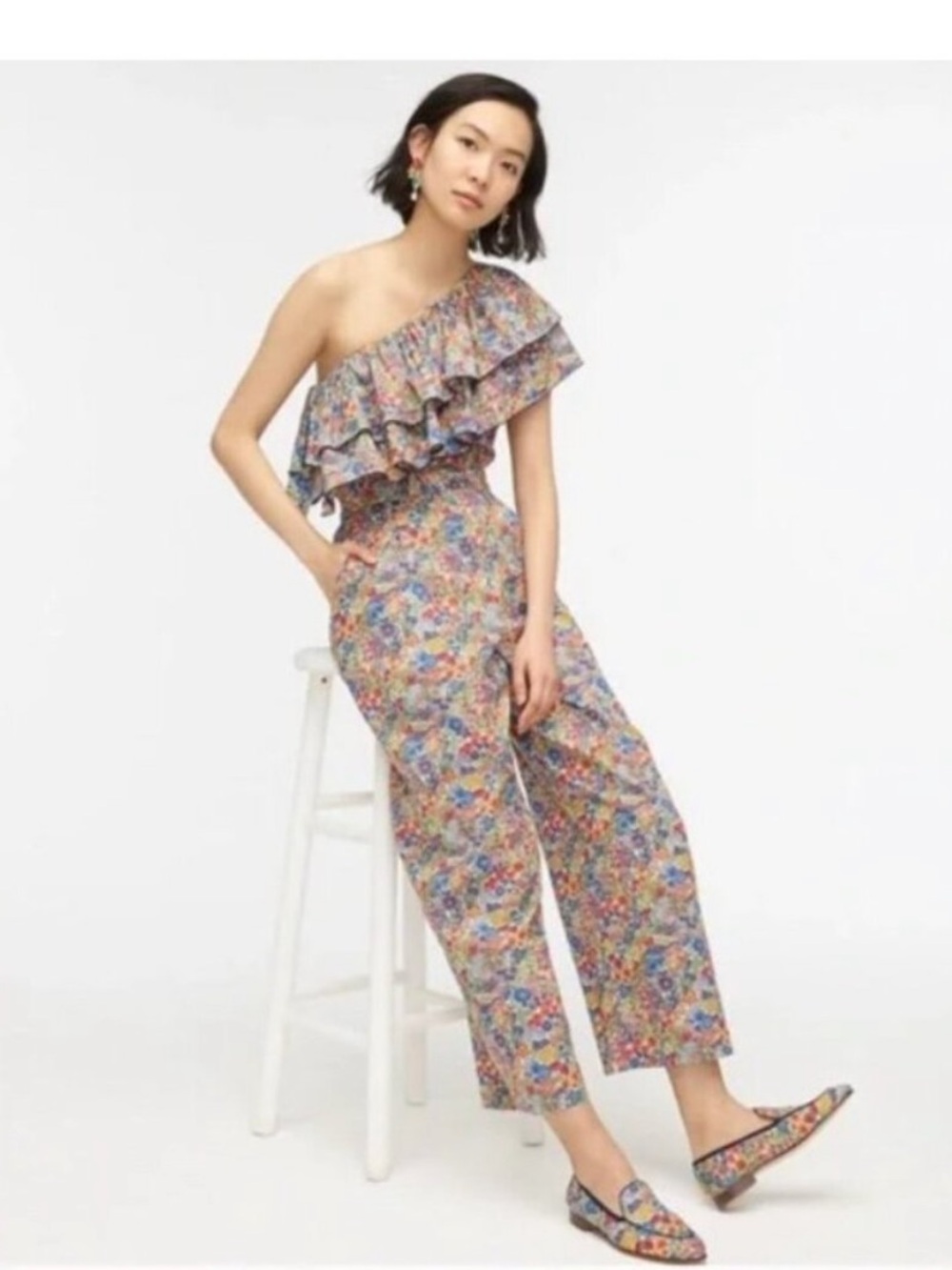 J. Crew One-Shoulder Floral Wide-Leg Jumpsuit in Blue, Red, Yellow